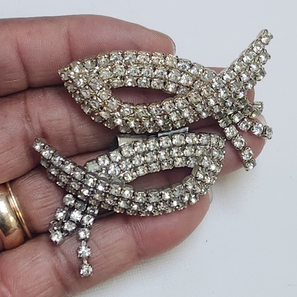Vintage Shoe Clips Musi Rhinestone  Silver Tone Bow Dangle Bridal Wedding